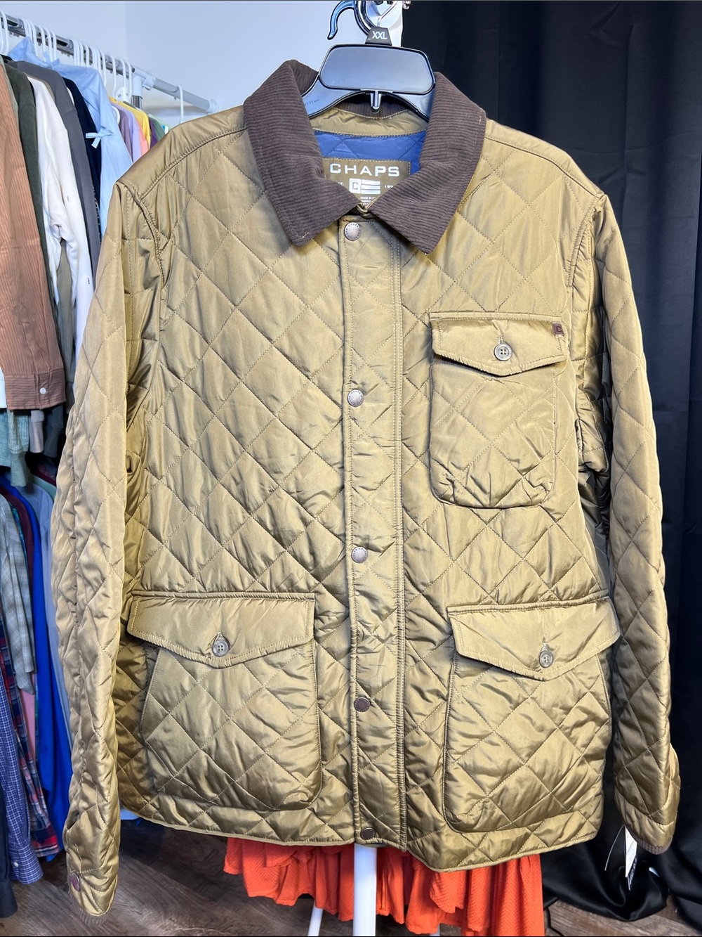 Chaps Quilted Olive Jacket with Brown Corduroy Collar